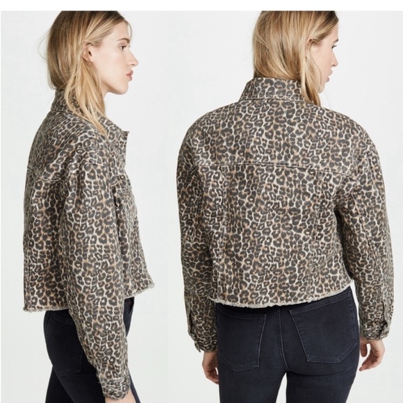 Free People Cropped Cheetah Print Denim Jacket Size Medium - Picture 2 of 7